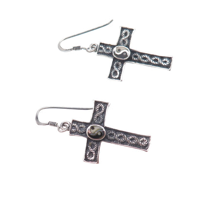 925 Sterling Silver Vintage Real Black & White Diamond Yin Yang Cross Earrings