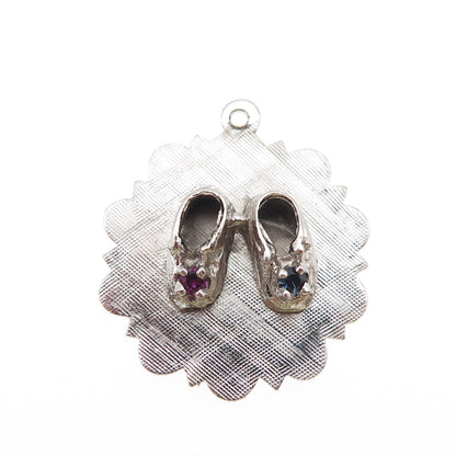 925 Sterling Silver Vintage Blue & Pink Rhinestone Baby Shoes Charm Pendant