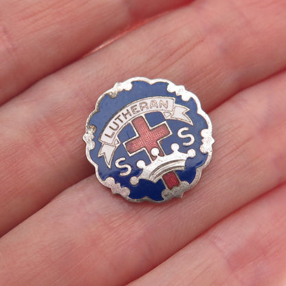 925 Sterling Silver Antique Art Deco Enamel Lutheran Sunday School Pin Brooch