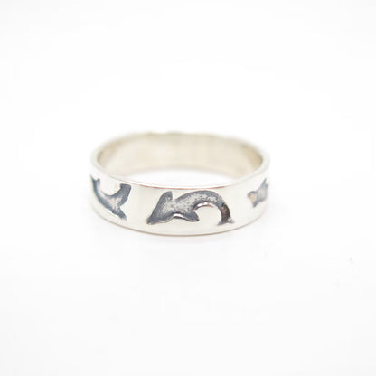 925 Sterling Silver Vintage Fish Band Ring Size 6.75
