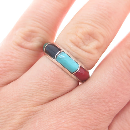 Jared Chavez Old Pawn Sterling Turquoise Malachite Coral Onyx MOP Ring Size 6.5