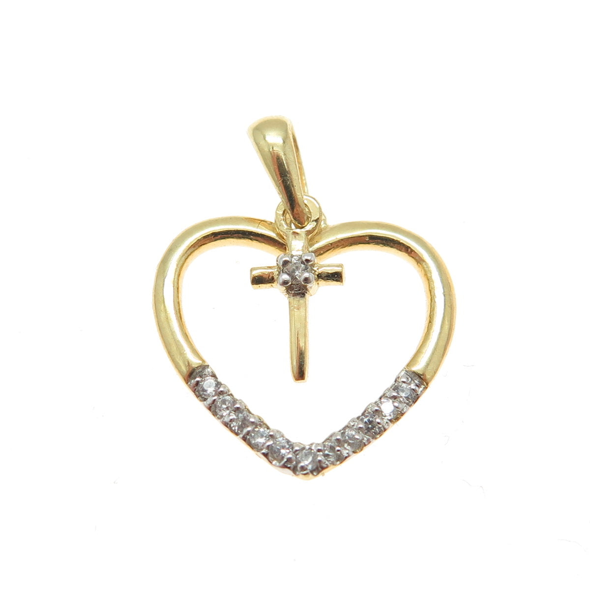 HAN 925 Sterling Silver Gold Plated Round-Cut C Z Heart Cross Minimalist Pendant