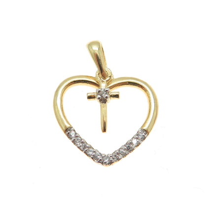 HAN 925 Sterling Silver Gold Plated Round-Cut C Z Heart Cross Minimalist Pendant