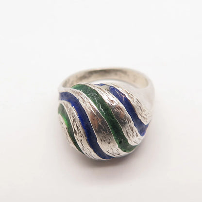 925 Sterling Silver Vintage Enamel Striped Domed Ring Size 6.25