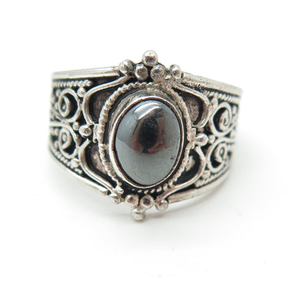 FLASH Sterling Silver Vintage Real Hematite Granulated Adjustable Ring Size 7