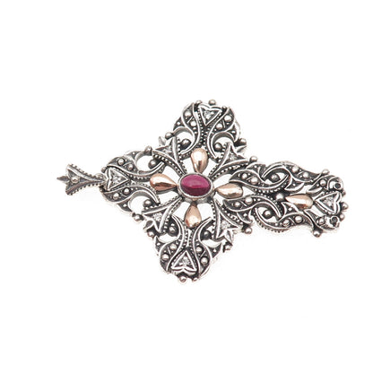 925 Sterling Silver 2-Tone Vintage Real Rhodolite & C Z Floral Cross Pendant