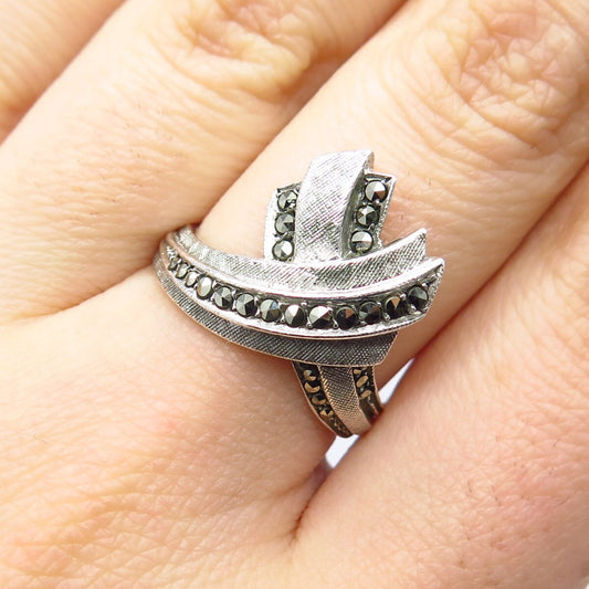 935 Silver Vintage Real Marcasite Gemstone Ribbon Ring Size 7.75