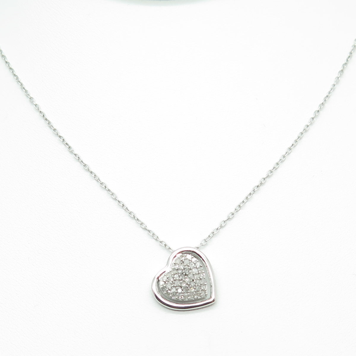 925 Sterling Silver Real Round-Cut Diamond Heart Cable Chain Necklace 18"