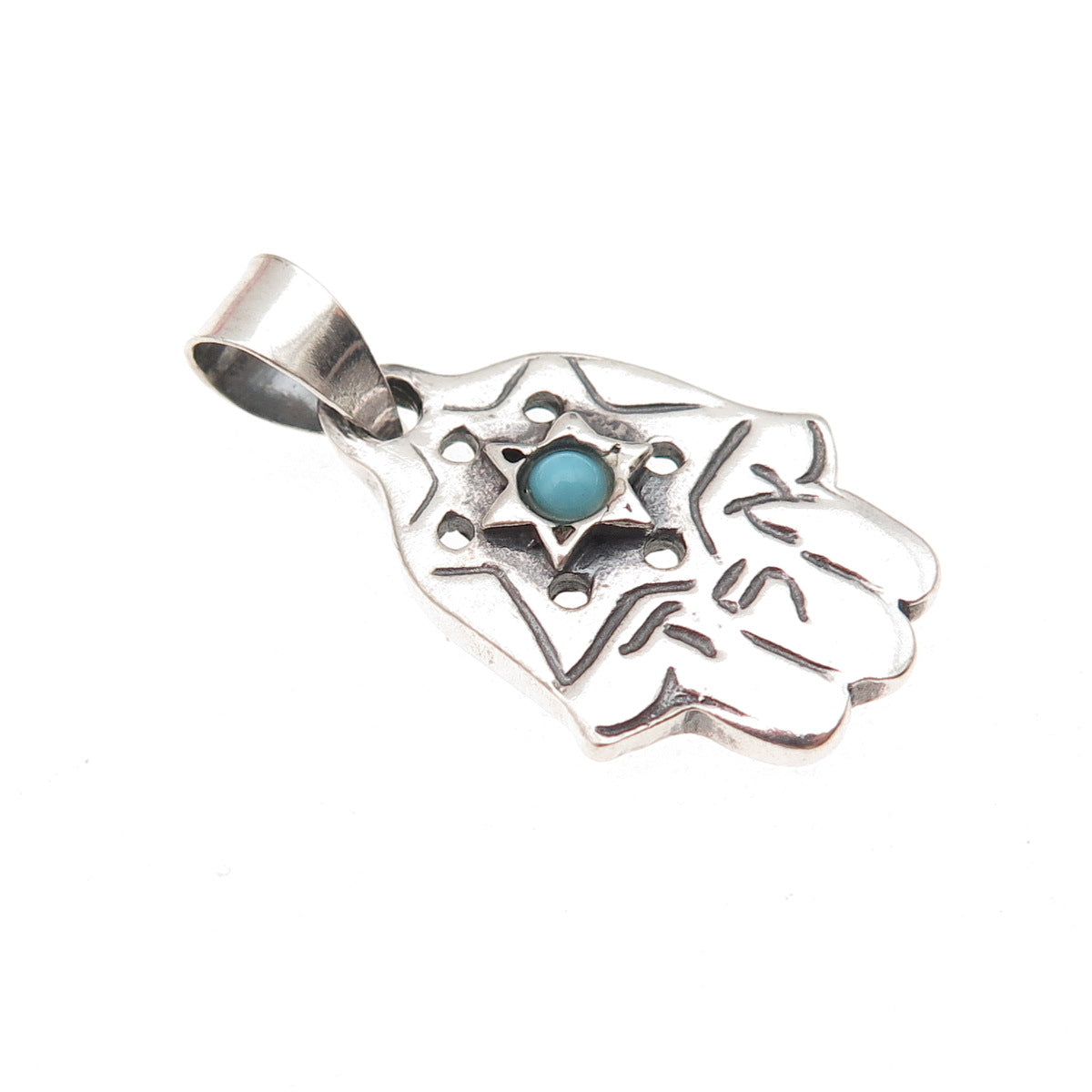 Alon Sterling Silver Vintage Real Turquoise Star of David Hamsa Amulet Pendant