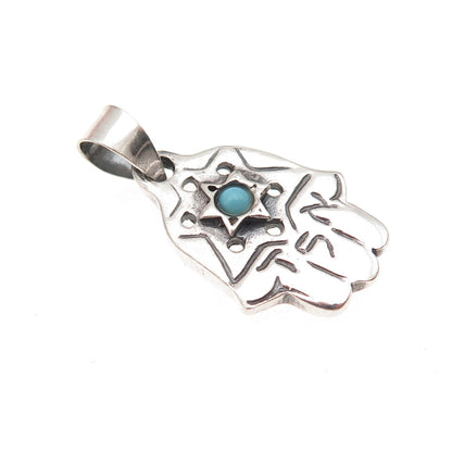 Alon Sterling Silver Vintage Real Turquoise Star of David Hamsa Amulet Pendant