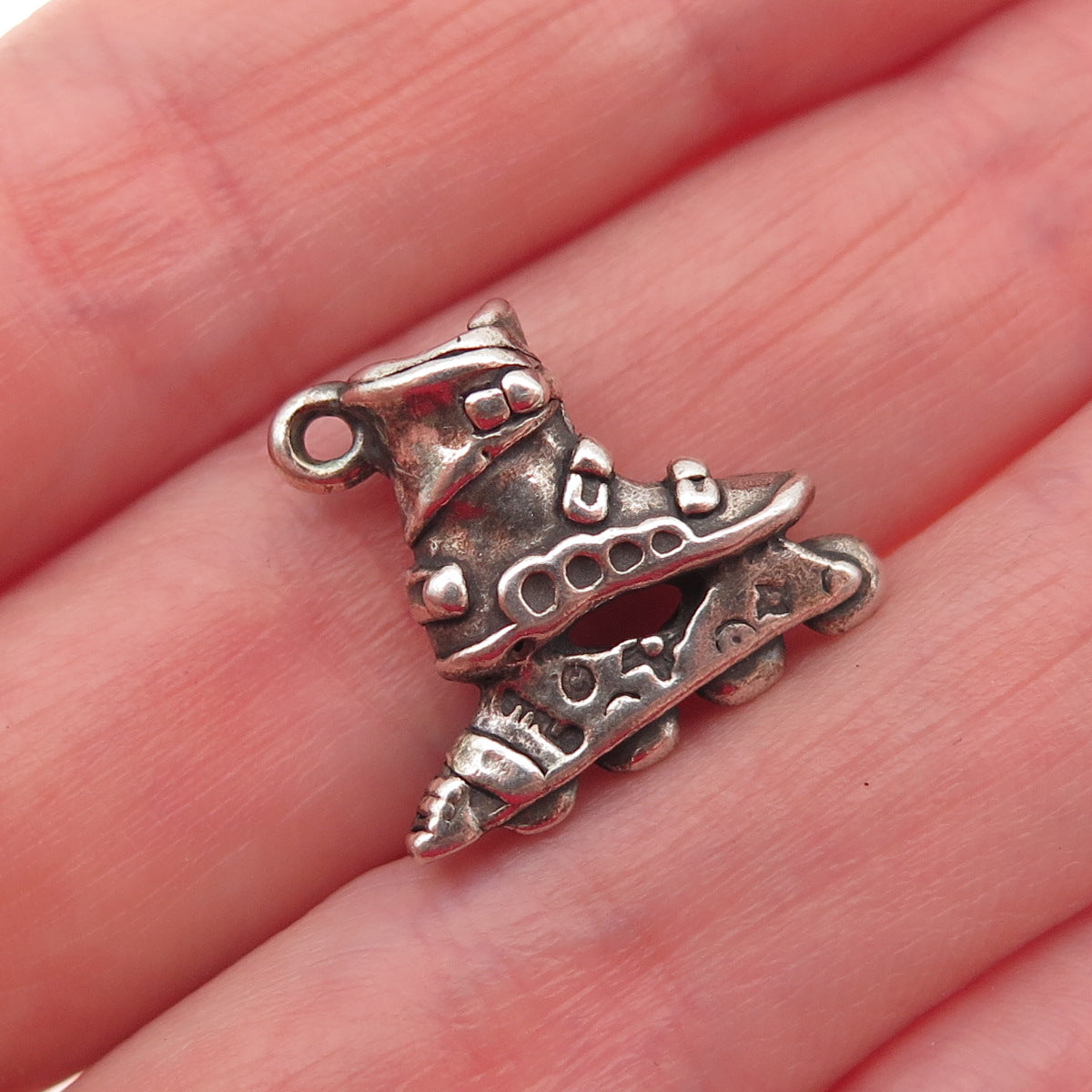 925 Sterling Silver Vintage Rollerblade Skate Oxidized 3D Mini Charm Pendant