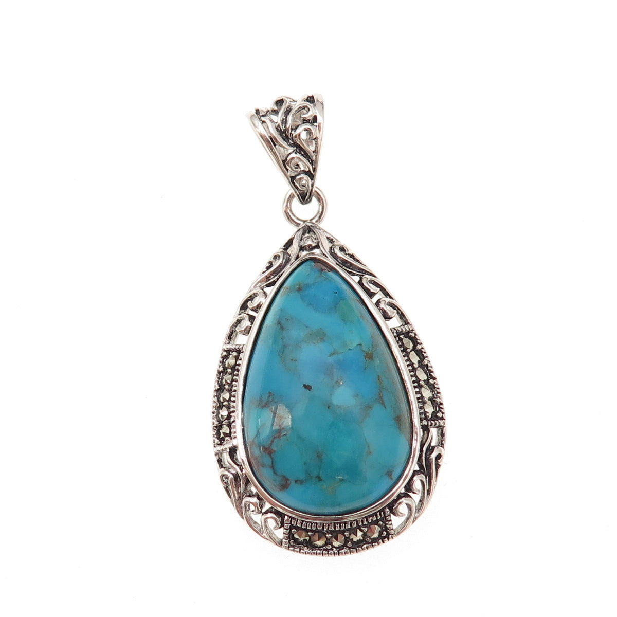 925 Sterling Silver Real Turquoise & Marcasite Teardrop Oxidized Charm Pendant
