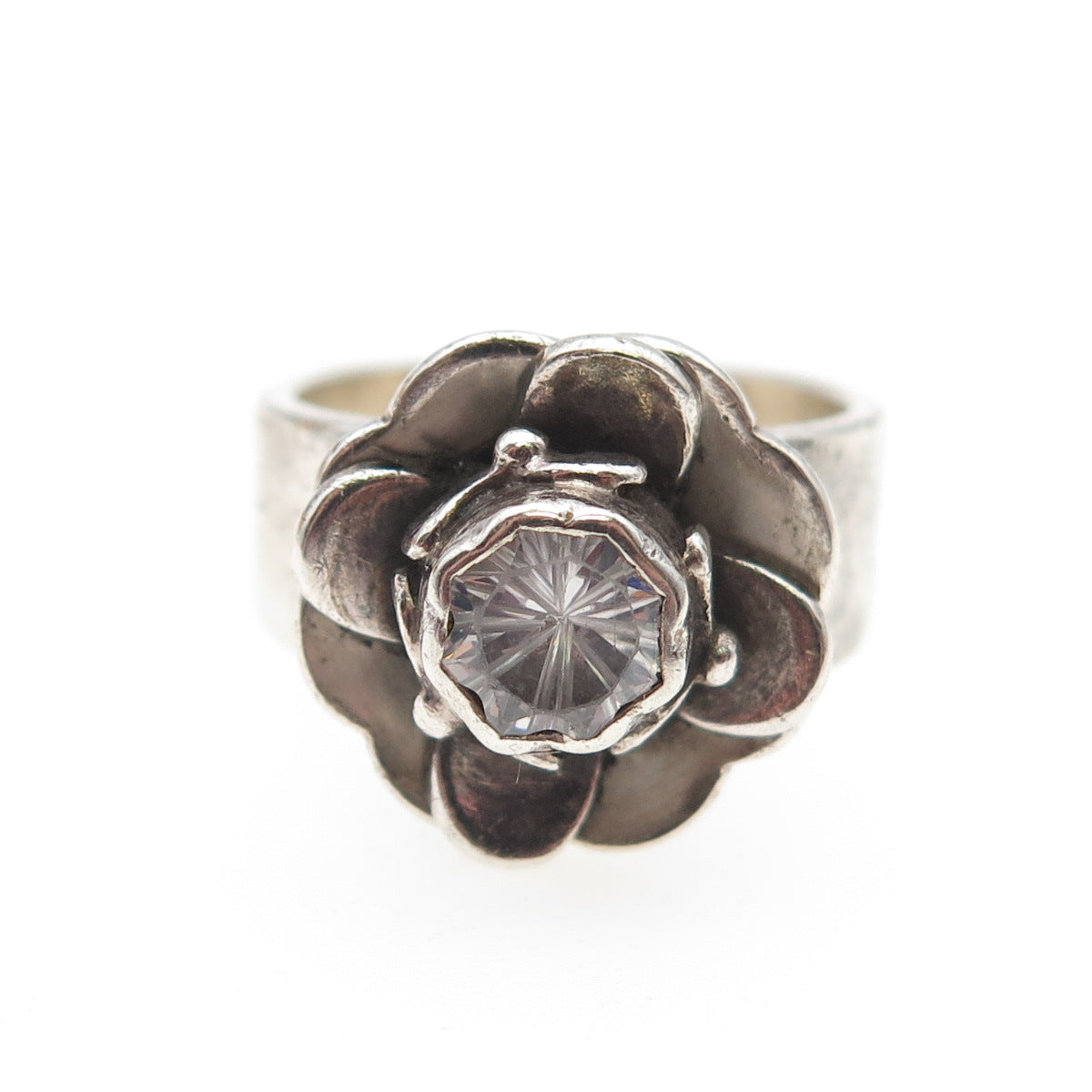 KumKum 925 Sterling Silver Vintage C Z Flower Oxidized Ring Size 7.5