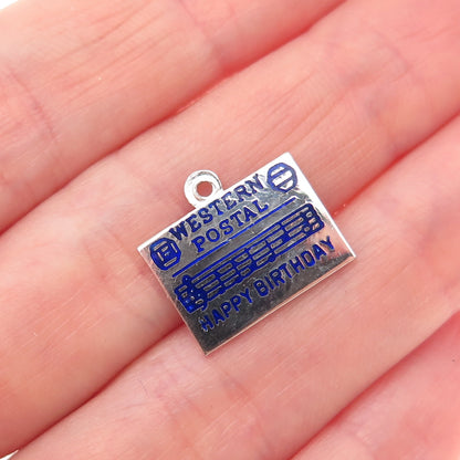925 Sterling Vintage Enamel Western Postal Happy Birthday Mini Charm Pendant