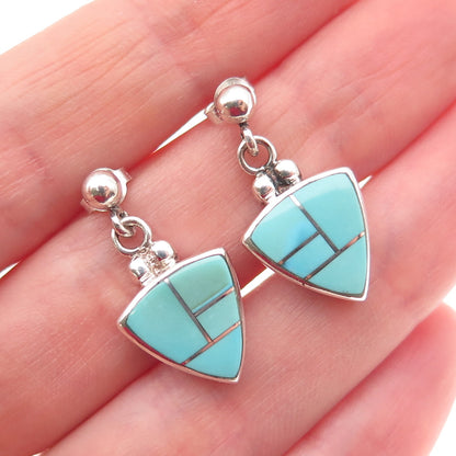 925 Sterling Silver Vintage Real Tyrone Turquoise Triangle Dangle Earrings