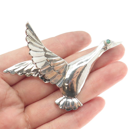 925 Sterling Silver Vintage Real Turquoise Gemstone Flying Swan Pin Brooch