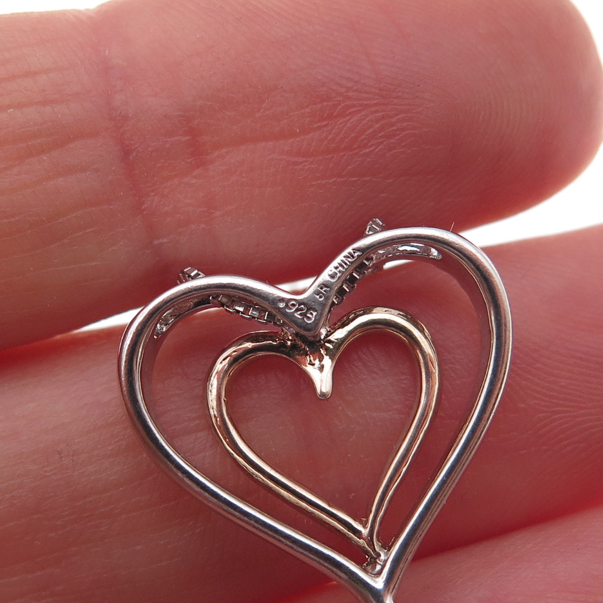 925 Sterling Silver 2-Tone Real Diamond Double Heart Box Chain Necklace 18"