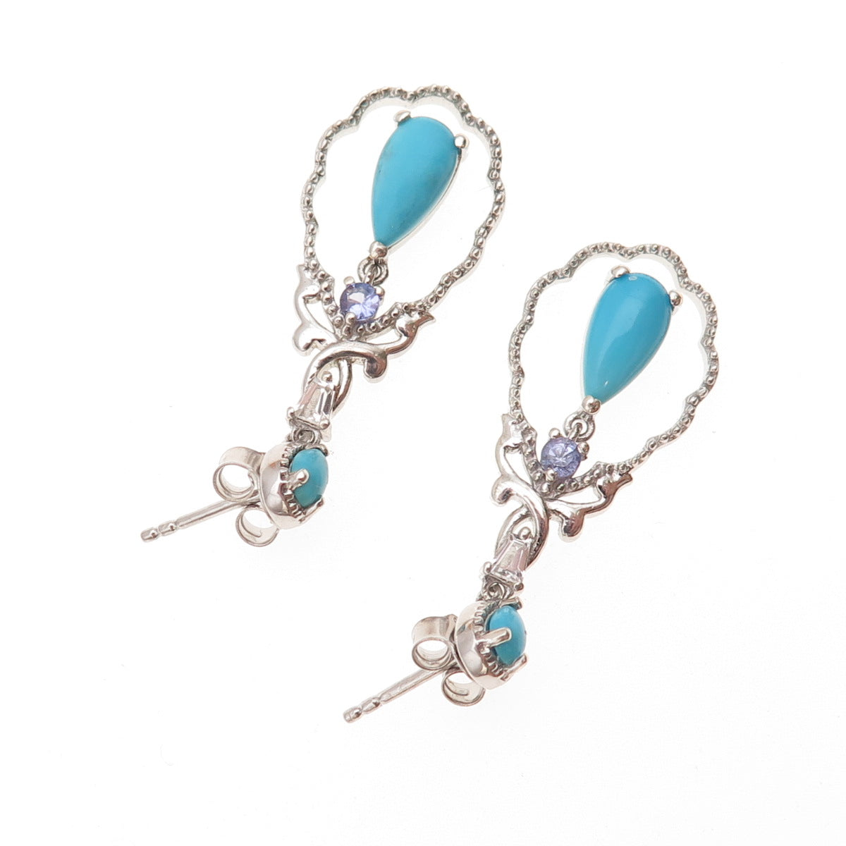 Chuck Clemency 925 Sterling Silver Real Turquoise & Tanzanite Dangle Earrings