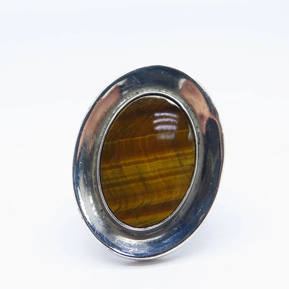 925 Sterling Silver Vintage Mexico Real Tiger Eye Gem Statement Ring Size 11.75