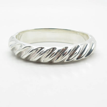 950 Silver Vintage Italy Ribbed Hinged Bangle Bracelet 6.5"