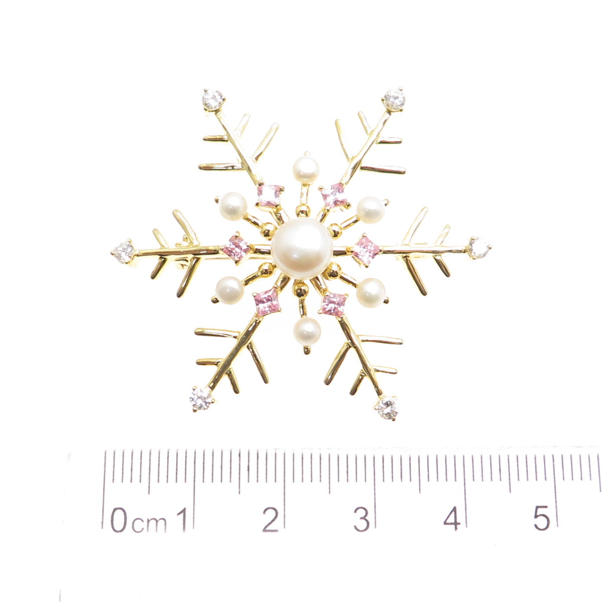 925 Sterling Silver Gold Plated Real Pearl & Pink C Z Snowflake Pin Brooch