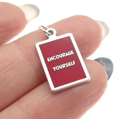 925 Sterling Silver Red Enamel "Encourage Yourself" Minimalist Charm Pendant