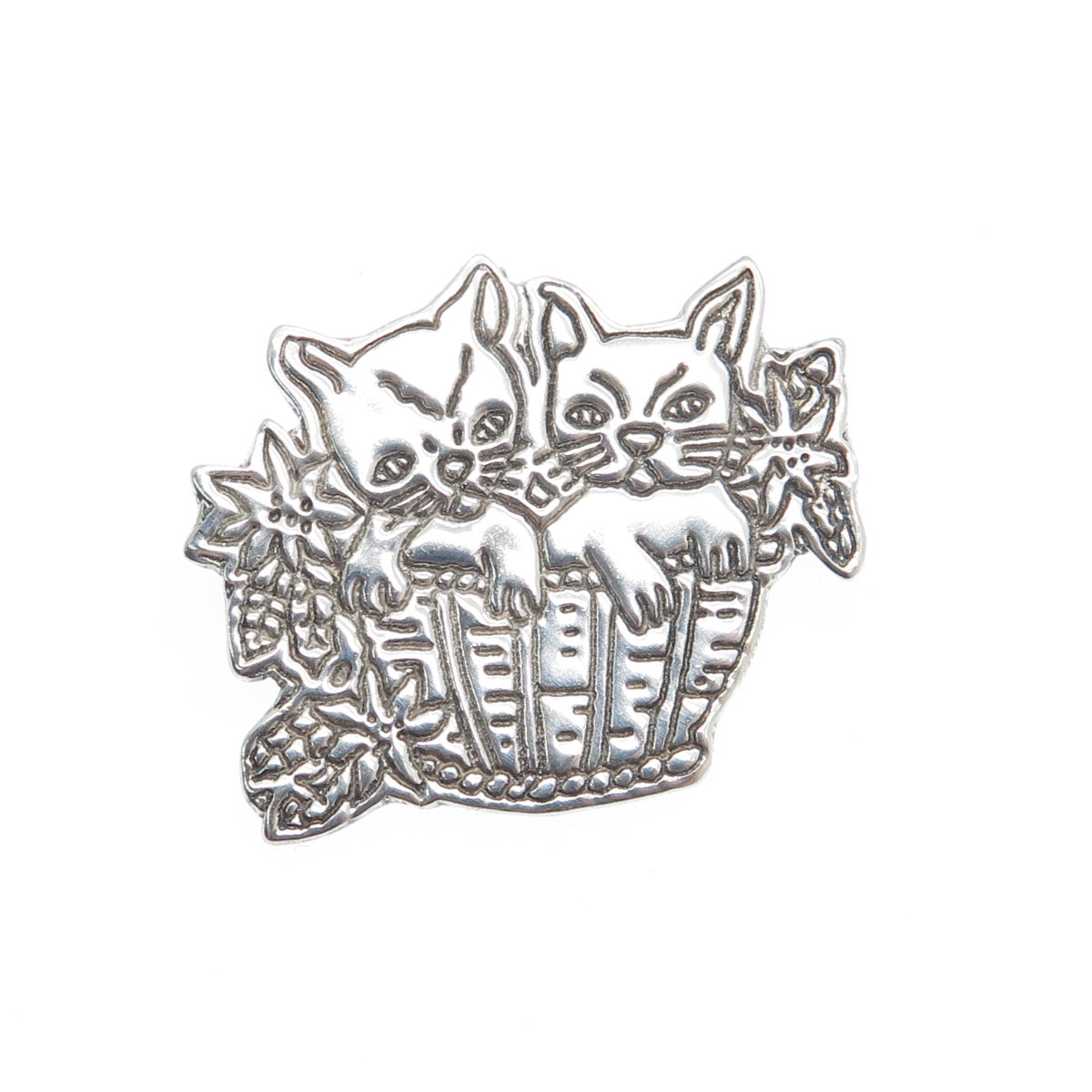925 Sterling Silver Vintage Mexico Kitty Cat Basket Oxidized Pin Brooch Pendant