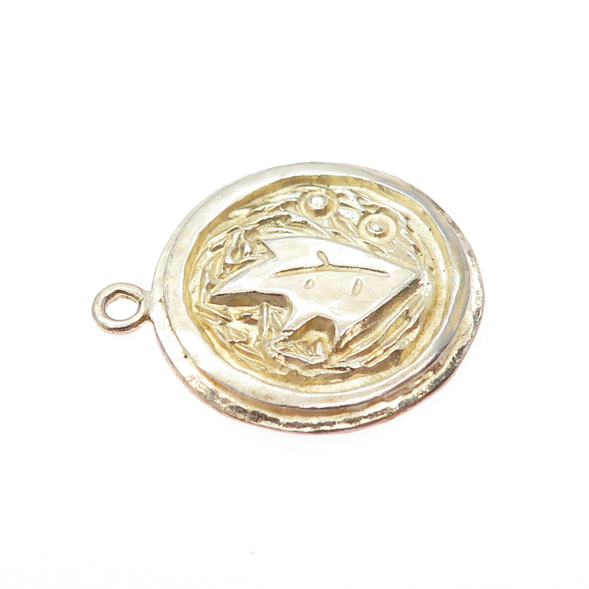 925 Sterling Silver Gold Plated Vintage Floral Leaf Seal Stamp Charm Pendant