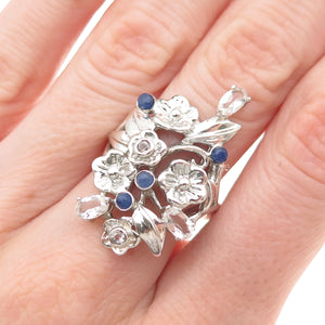 925 Sterling Silver Real Tanzanite & White Topaz Floral Ring Size 7.25