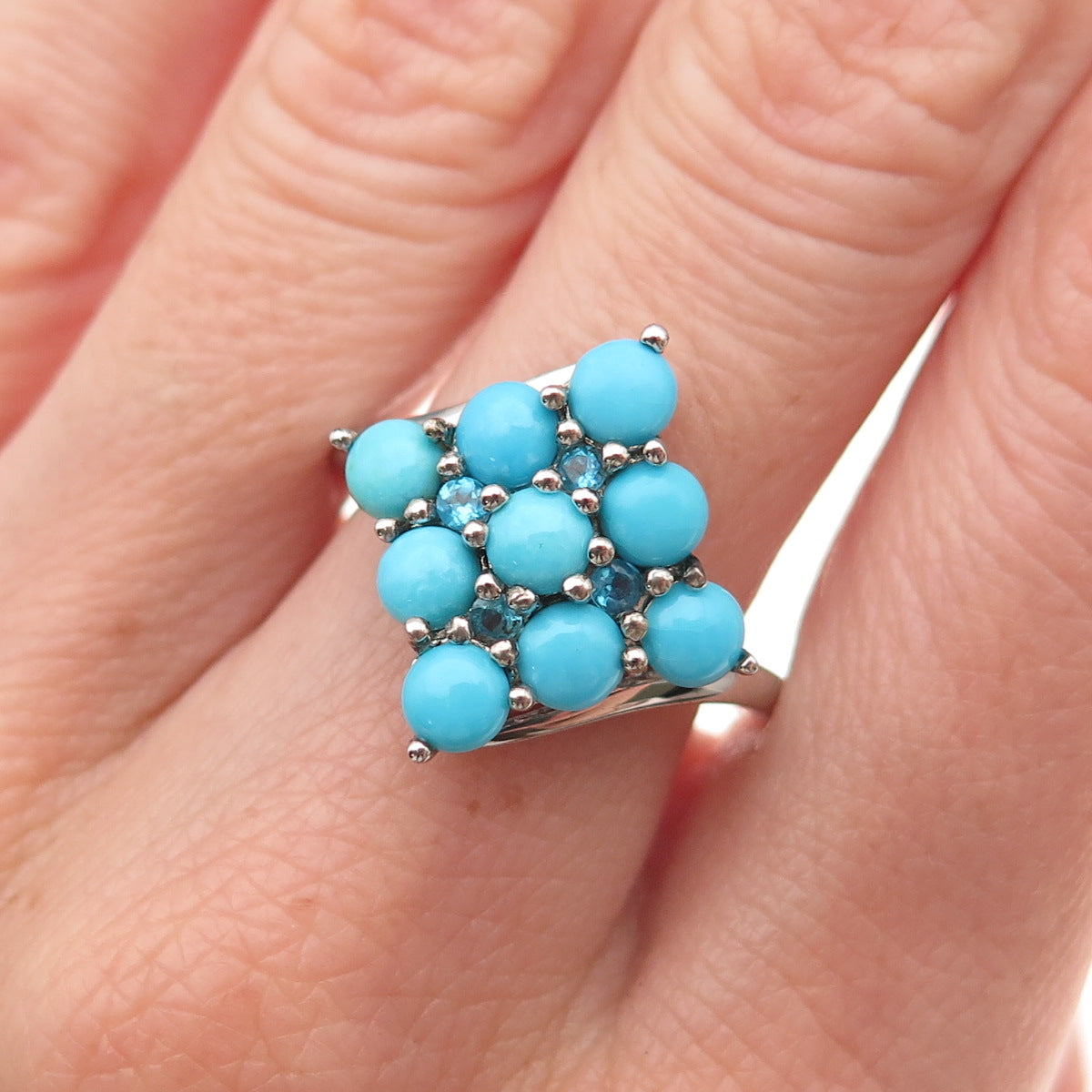 925 Sterling Silver Real Sleeping Beauty Turquoise & Apatite Ring Size 9