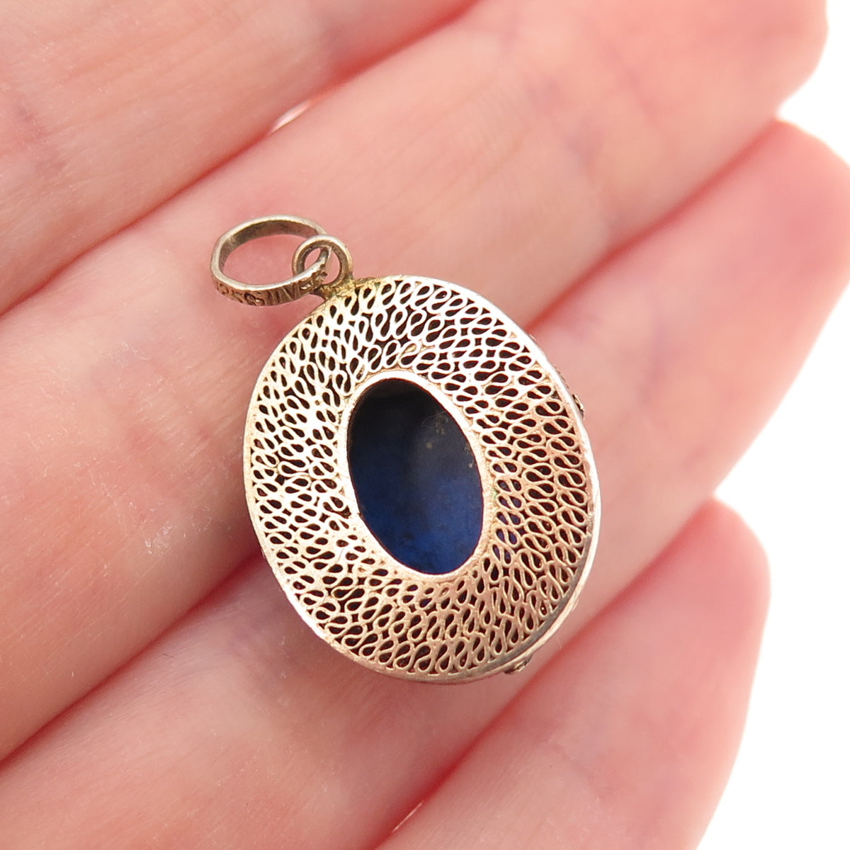 925 Sterling Silver Gold Plated Vintage Enamel Real Lapis Floral Charm Pendant