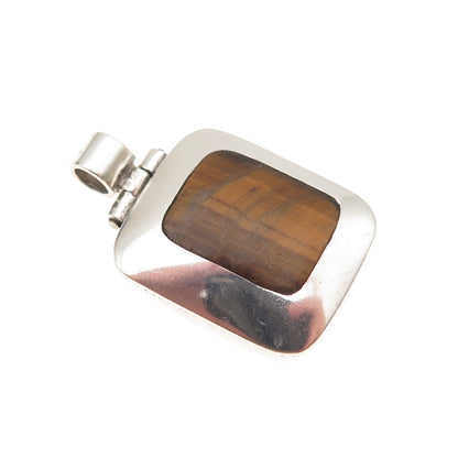 925 Sterling Silver Vintage Mexico Real Tiger Eye Modernist Charm Pendant #67