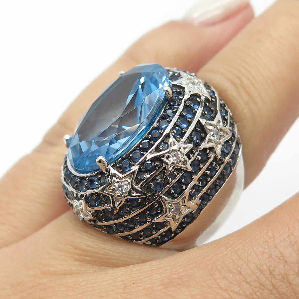 925 Sterling Silver Ocean Blue C Z Wide Ring Size 9.25