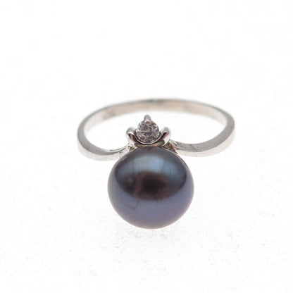 925 Sterling Silver Real Tahitian Pearl & C Z Ring Size 5.75