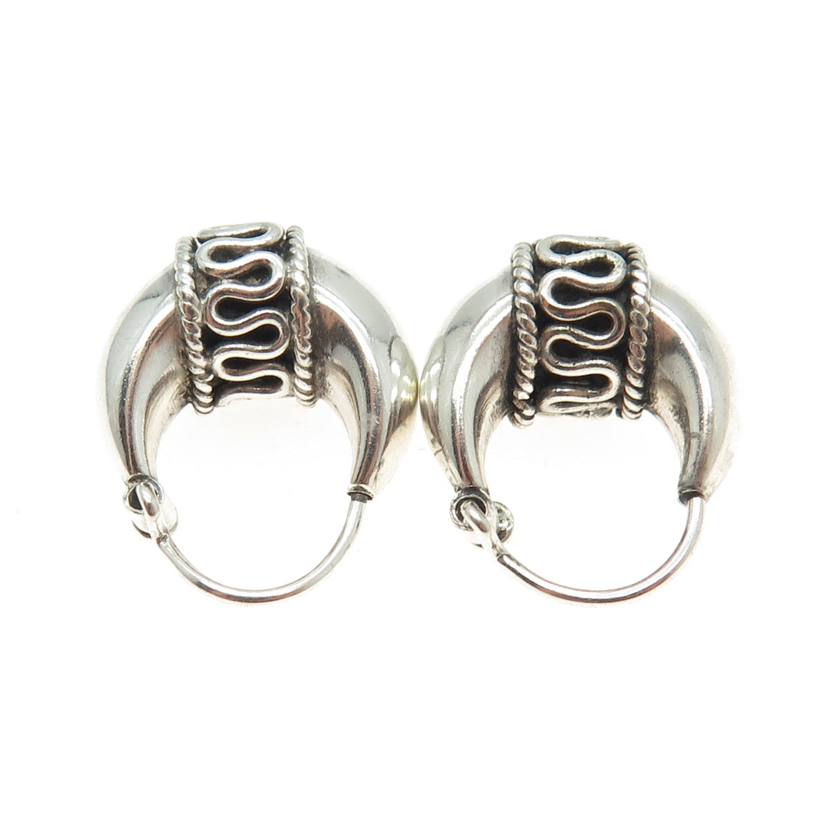 925 Sterling Silver Vintage Modernist Crescent Wavy Oxidized Hoop Earrings