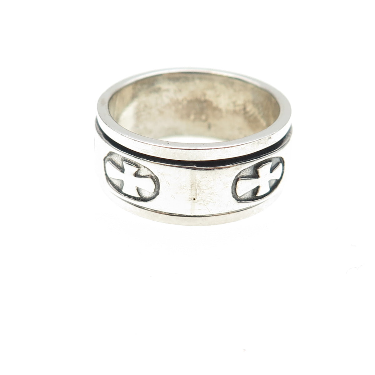 925 Sterling Silver Vintage Cross Oxidized Rotating Band Ring Size 7.75