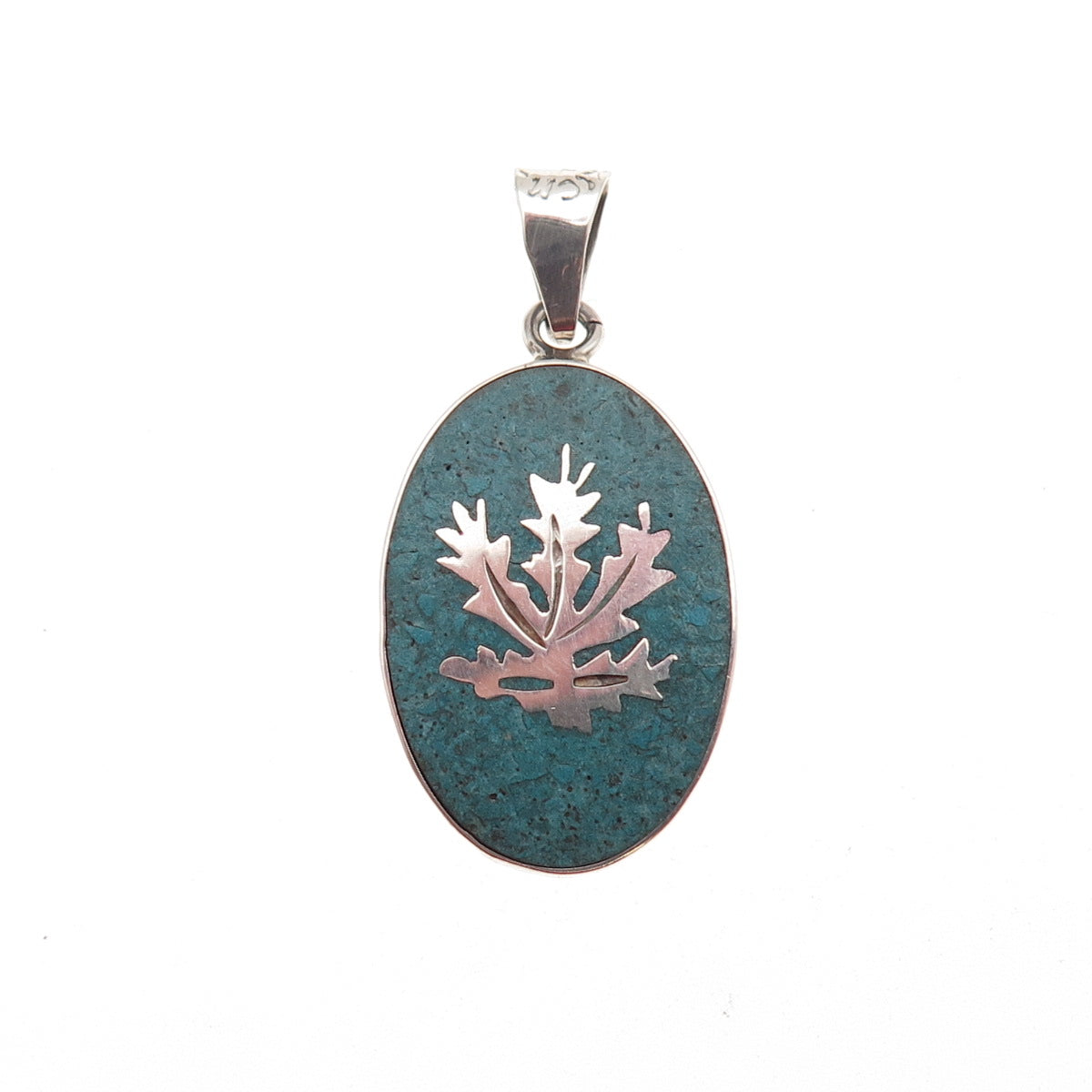 925 Sterling Silver Vintage Mexico Real Turquoise Inlay Cannabis Charm Pendant
