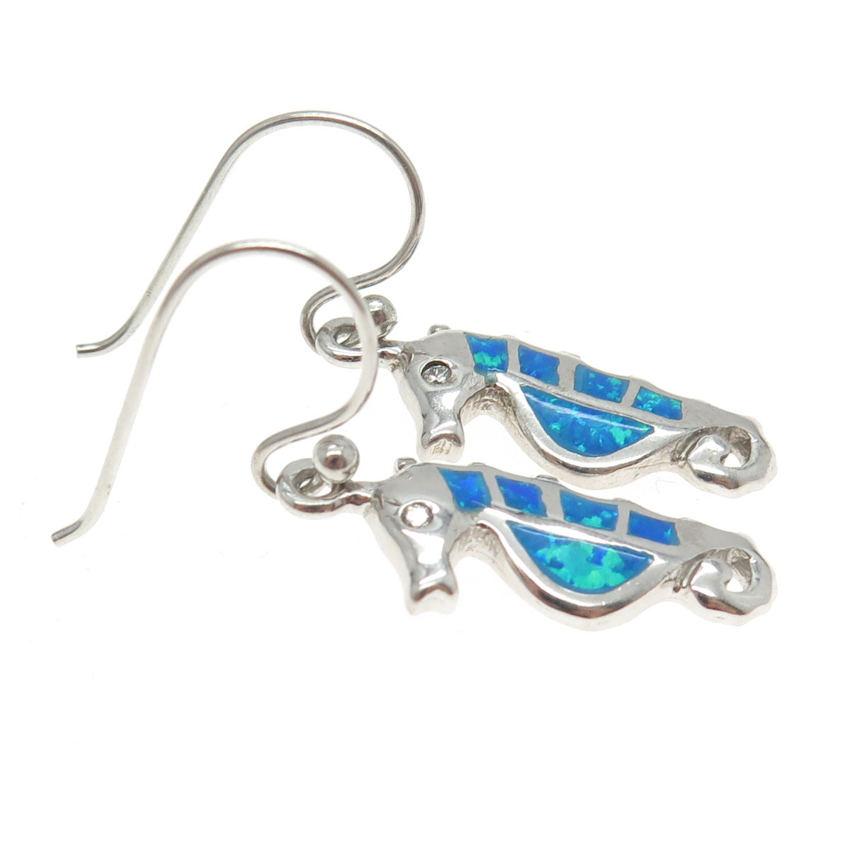 925 Sterling Silver Real Opal & C Z Seahorse Dangling Earrings