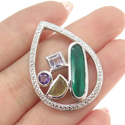 925 Sterling Silver Real Diamond Accent Green Onyx Amethyst Citrine Gem Pendant