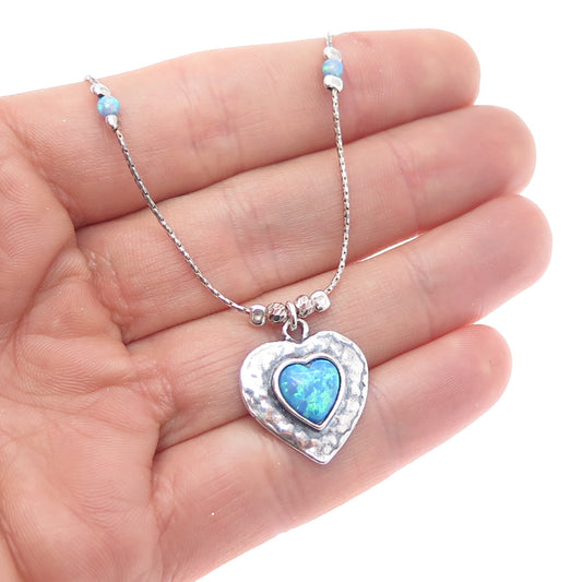 DIDAE 925 Sterling Silver Vintage Israel Real Opal Heart Chain Necklace 18"