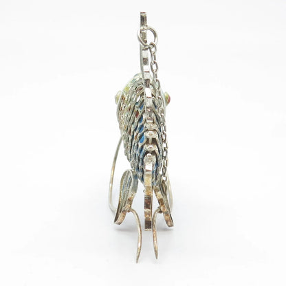 925 Sterling Silver Antique Enamel Articulated Chinese Koi Fish Chatelaine Fob