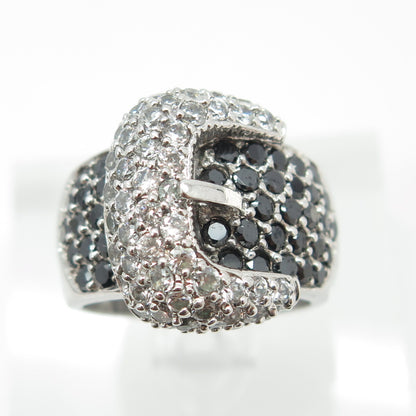 925 Sterling Silver Round-Cut Black & White C Z Belt Ring Size 8