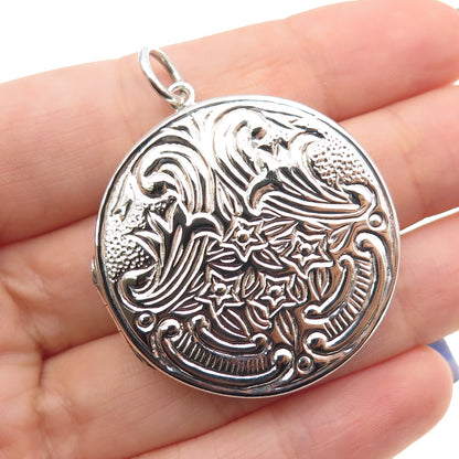 925 Sterling Silver Vintage Floral Repousse Round Locket Pendant