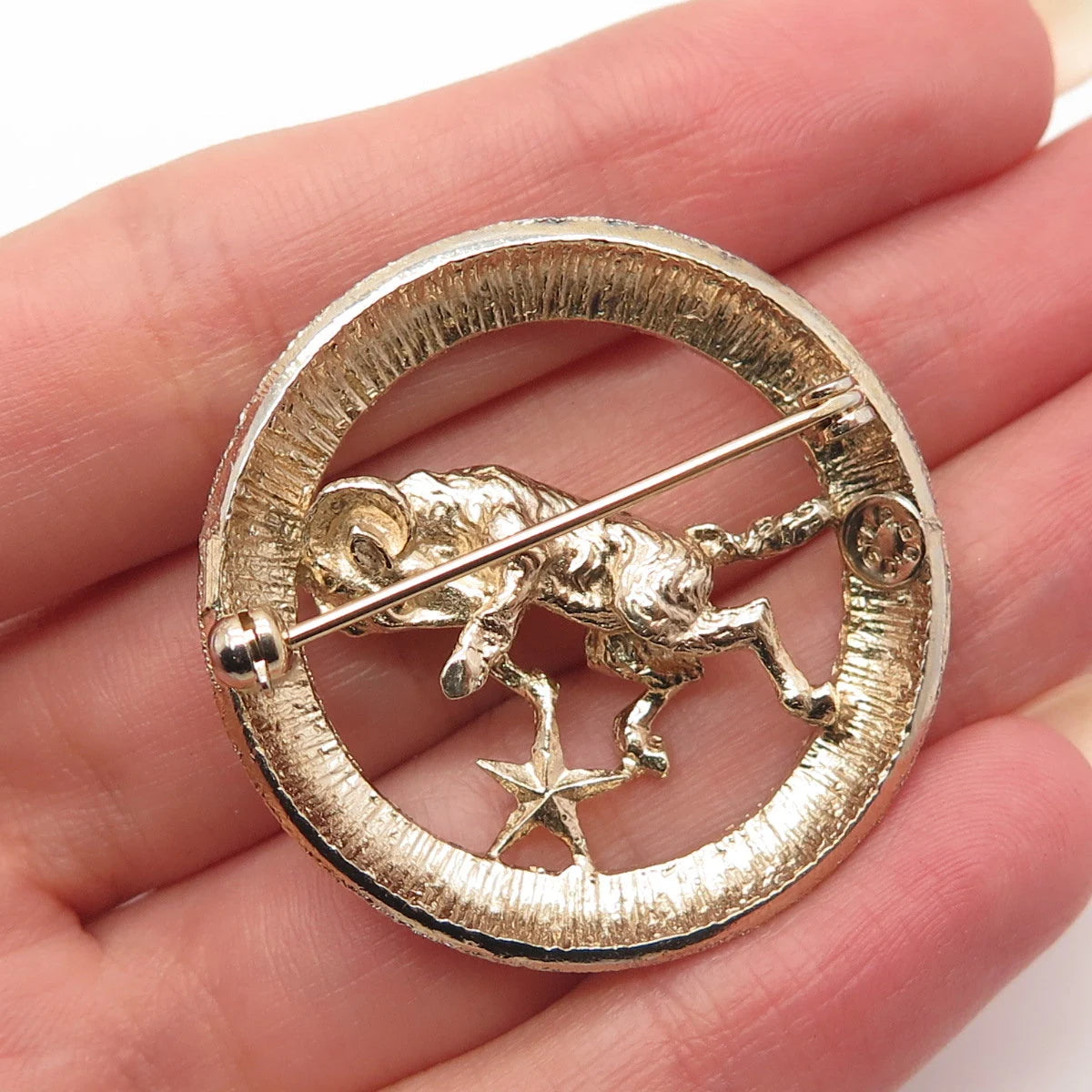 925 Sterling Silver Gold Plated Vintage D'OR Aries Zodiac Sign Round Pin Brooch