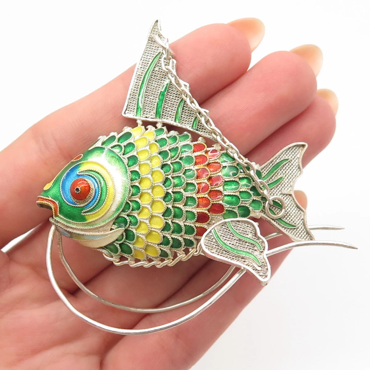 925 Sterling Silver Enamel Antique Articulated Chinese Koi Fish Pendant / Fob