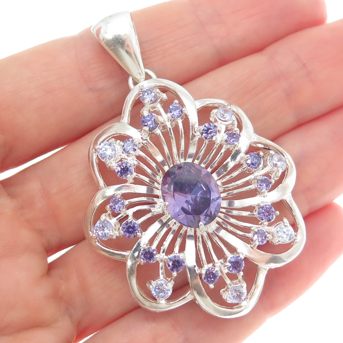 RIDER 950 Silver Vintage Real Amethyst Gemstone Floral Pendant
