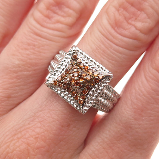 925 Sterling Silver Real Round-Cut Cognac Diamond Adjustable Ring Size 6.75