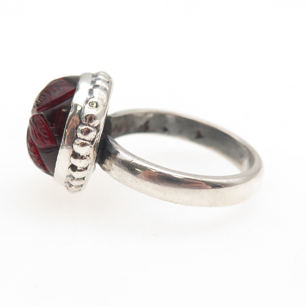 925 Sterling Silver Vintage Real Red Garnet Carved Flower Ring Size 8.25