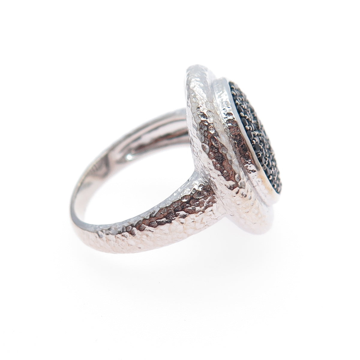 925 Sterling Silver Real Round-Cut Black Spinel Hammered Ring Size 7.25