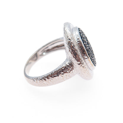 925 Sterling Silver Real Round-Cut Black Spinel Hammered Ring Size 7.25